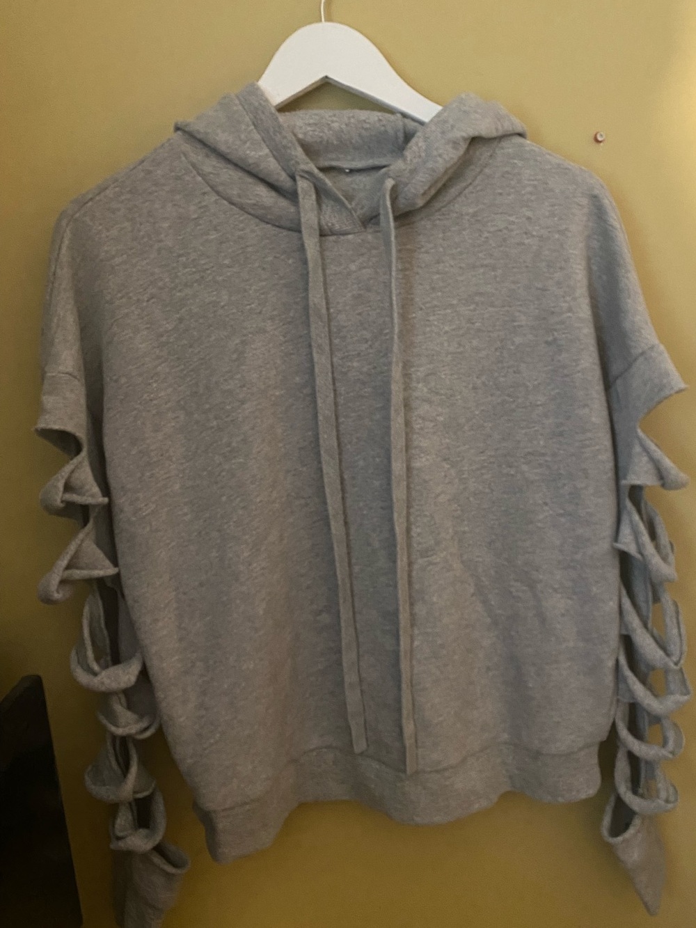 ALO Yoga Women's Grey Hooded Sweater with Slashed Sleeve Detail, Size Small